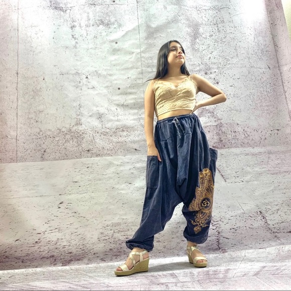 Handmade stonewashed Ohm Print Harem Pants Navy - Picture 6 of 7